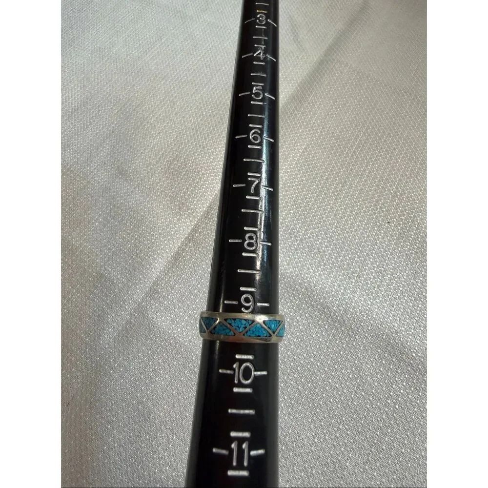 Native American Style Navajo Wedding Ring Size 9.5 Turquoise Chip Inlay & Silver